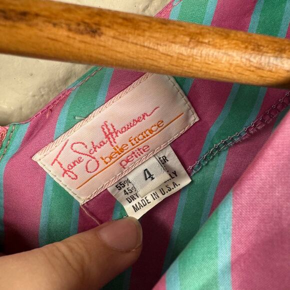Vintage Jane Schaffhausen Dress Sz 4 Pink Blue Stripe Puff Sleeve Zip Up USA 80s - Picture 3 of 5